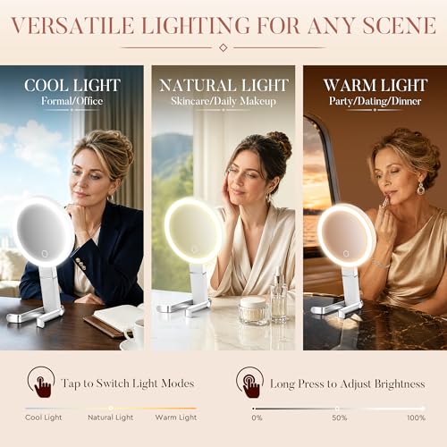 MIYADIVA White Height-Adjustable Travel Makeup Mirror with Lights, 1X/30X Magnification & Phone Holder