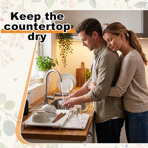 Ferrochef 2-Tier Marble Color Stone Dish Drying Mat Set, Large & Small Kitchen Countertop Drainers