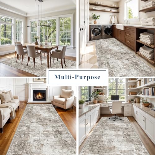 4x10 ft Beige Grey Abstract Non-Slip Washable Rug - Wide Floor Runner for Hallway & Living Room