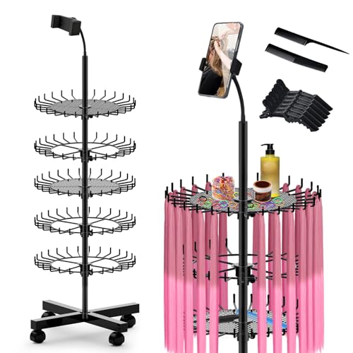 Braiding Hair Rack Standing with 140 Pegs, Height Adjustable Hair Extension Holder with Wheels, Braiding Rack Stand for Hair with Phone Holder for Displaying & Separating Hair (Black)