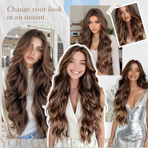 Long Wavy Lace Front Wig 28 Inch Caramel Brown Highlighted Synthetic Hair