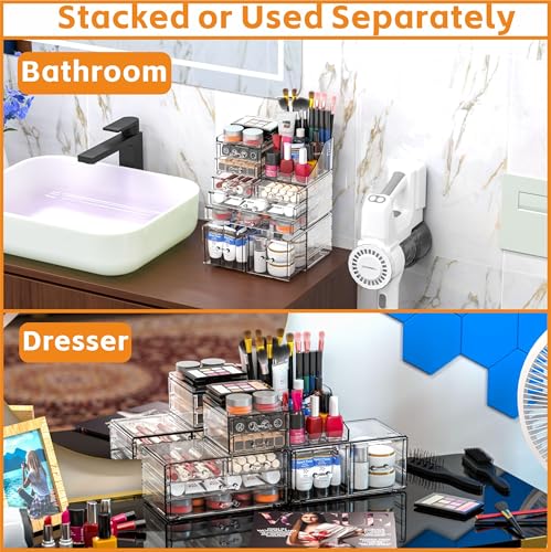 Cq Acrylic 3-Pack Clear Makeup Organizer with 8 Drawers - Stackable Vanity Storage