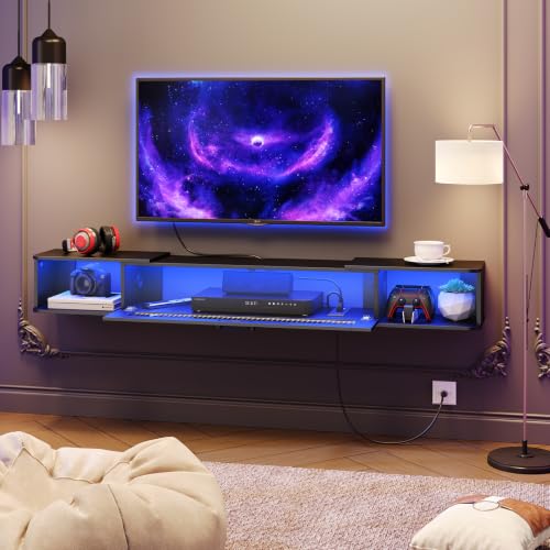 63 Inch Floating TV Stand with LED Light Wall Mount Power Outlet Black