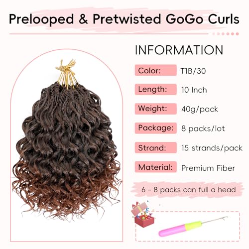 Aoisvk Prelooped GoGo Curl Crochet Hair 10 Inch Pack of 8 - 1B/30 Ombre Short Curly Pretwisted Water Wave Boho Hair Extensions