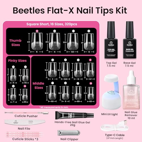 Beetles Gel Nail Kit with Short Square Tips & UV Lamp - 320pcs, DIY Manicure Set with Glue & Remover
