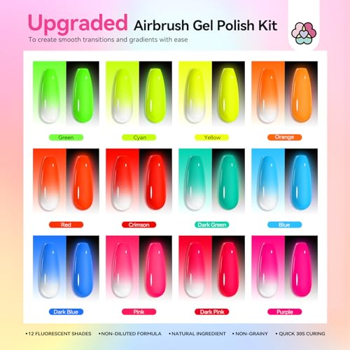 SAVILAND Airbrush Gel Nail Polish Hema-Free: Dilution-Free Fluorescent Airbrush Shine All Night Long,12 Colors Non-Acetone Glows in The Dark for Nails French Manicure DIY Salon & Party & Bar Social