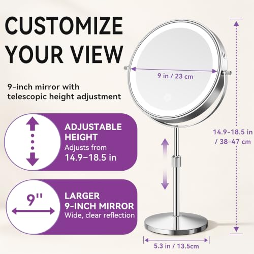 Auxmir 9-Inch Lighted Makeup Mirror with 30X Magnification, Rechargeable Chrome