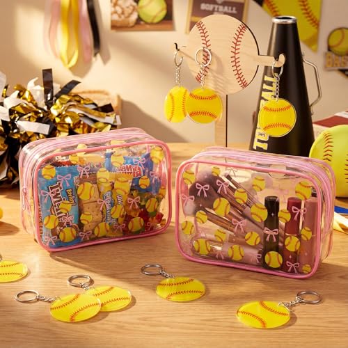 Kacctyen 12 Set Soccer/Softball/volleyball Team Gifts Bulk-12 Sports Pink Bow Makeup Bag with 12 Acrylic Ball Keychain for Woman Team Gifts Birthday Decorations Supplies(Softball)