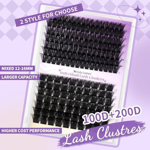 WENDY LASHES 100D+200D Eyelash Extensions 119PCS Wispy Lash Cluster 12-16mm Fluffy Eyelashes DIY D Curl Lash Extension Cluster for Beginners