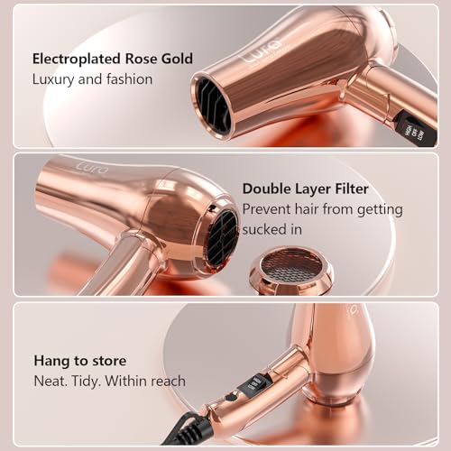 LURA Rose Gold Foldable Dual Voltage Travel Hair Dryer with Diffuser & Concentrator