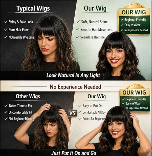 Black Highlights Brown Wig with Bangs - 12-Inch Short Wavy Curly Bob Hair