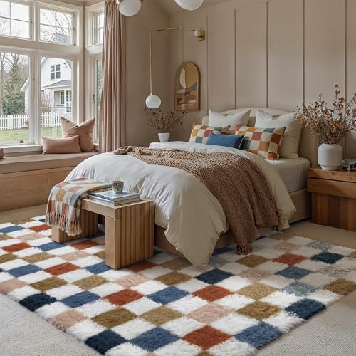 Rainbow Checkered Area Rug 6x9 ft Fluffy Shag Carpet for Living Room