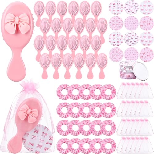 96 Pcs Coquette Bow Party Favors for Women Bow Compact Mirrors Mini Hair Brush Scrunchies Ties Organza Bags Thank You Gift Baby Shower Supplies