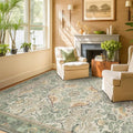 5' x 8' Sage Green Vintage Area Rug with Botanical Bird Pattern, Washable & Non-Slip