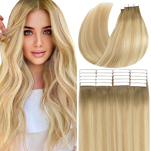 Anrosa Blonde Tape-In Human Hair Extensions Seamless 14 Inch - Light Brown to Platinum Blonde