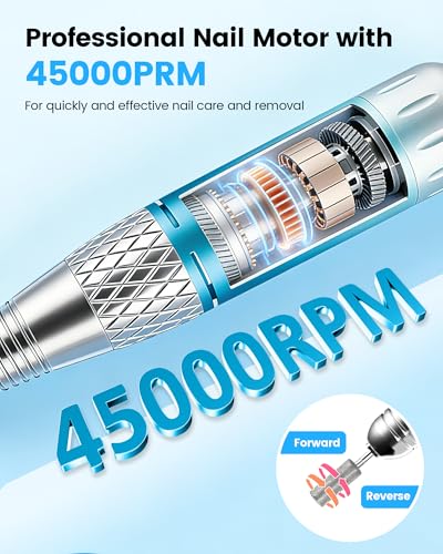 Professional Electric Nail Drill 45000RPM with 3600mAh Battery & Digital Display - Portable Manicure Kit Blue