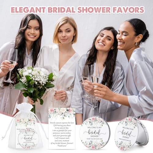 XunYee 50 Sets Bridal Shower Favors for Guests Flower Design Makeup Mirrors Leather Compact Mirrors Bridal Thank You Cards with Organza Bags Bridesmaid Gifts Wedding Party Favors Supplies (Pink)