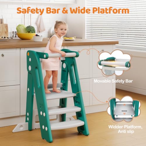 Toddler Standing Tower - Space-Saving, Adjustable Kitchen & Bathroom Step Stool - Green