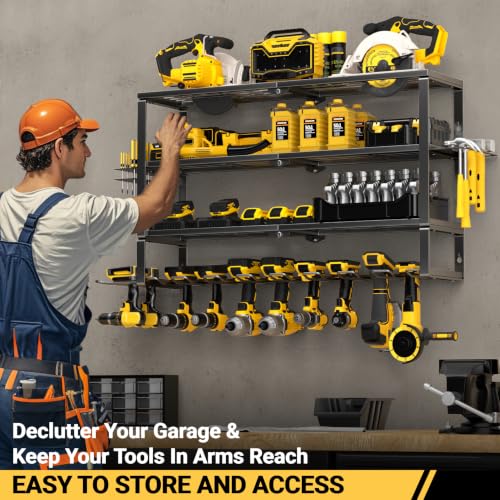 Heavy Duty Power Tool Wall Organizer Rack for 10 Cordless Drills - Extra Tall 4 Layer Storage Shelf