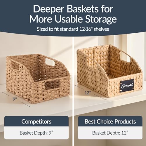 Water Hyacinth Pantry Storage Baskets Set of 3 Handwoven Natural Wicker Baskets with Handles