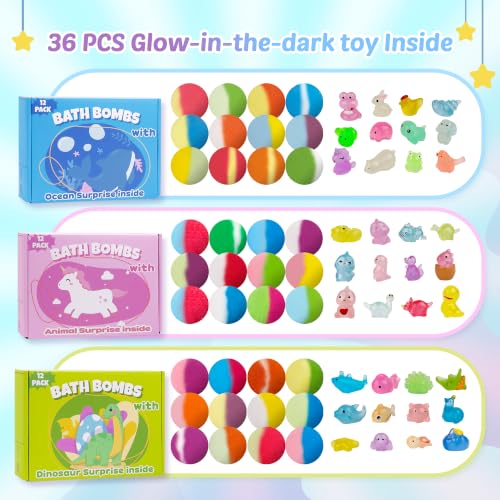 Kids Bath Bombs with Glow in The Dark Toy - 36 Pack Bath Surprise Set - Dinosaur, Ocean & Animal Variations