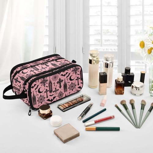 Mnsruu Bats Gothic Moon Spider Web Makeup Bag with Compartments - Travel Toiletry Organizer, Large Capacity