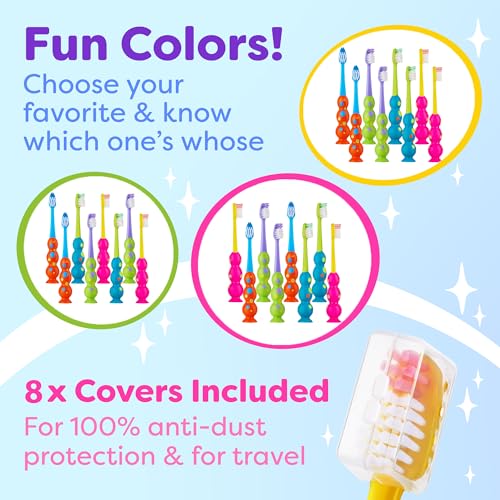 Kids Toothbrush 8 Pack - Soft Contoured Bristles, Child Size, Multi-Color with Suction Cup - Girl & Boy Set (3-10 Years)
