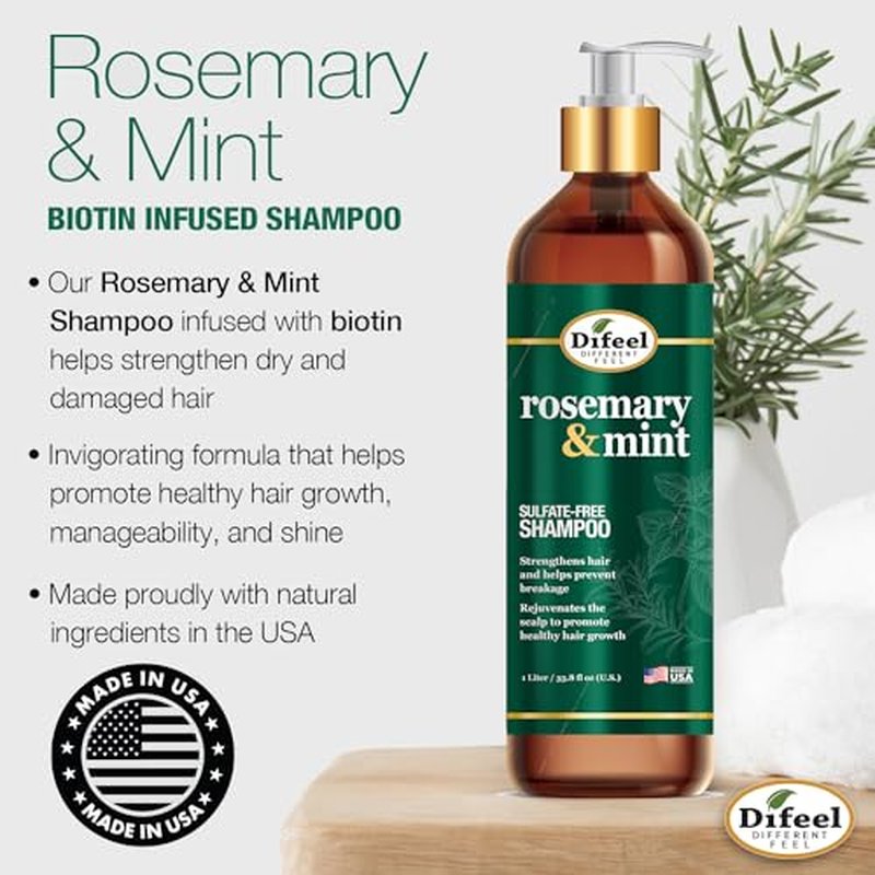 Difeel Rosemary Mint Strengthening Shampoo with Biotin 33.8 oz. - Made with Natural Rosemary Oil for Hair Growth