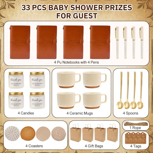 Baby Shower Game Prize Set with Ceramic Mugs, Candles & Notebooks - Brown / 4