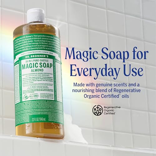 Dr. Bronner's Pure-Castile Magic Liquid Soap (Almond, 32 Ounce, 2-Pack)- Made with Regenerative Organic Certified Oils, 18-in1 Uses: Face, Hair, Hand & Body Soap, Laundry, Pets- Concentrated, Vegan