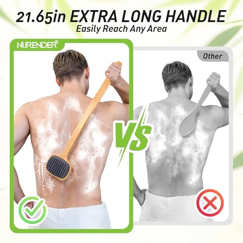 Dual-Sided Back Scrubber with 21.65 Inch Handle - Gentle Silicone Shower Brush