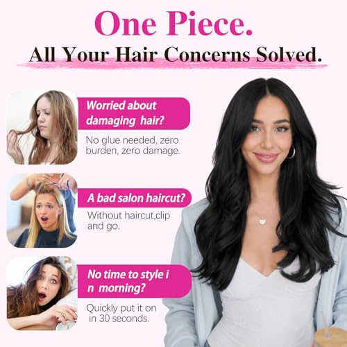 ALXNAN 24" Black Wavy Layered Clip-In Hair Extensions for Women