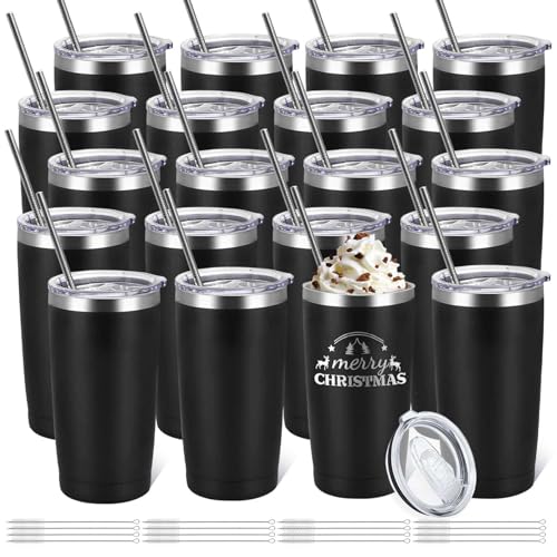 20 Pack Stainless Steel Travel Tumblers 20oz with Lids & Straws - Insulated Coffee Mugs for Gifts