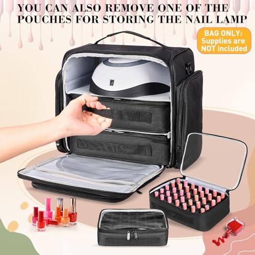 Nail Polish Organizer Holds 105 Bottles, Extra Large Capacity with 3 Removable, Pouches Portable Manicurist Travel Bag for Manicure Tools, Nail Lamp