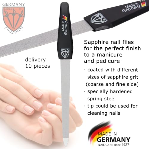 German Sapphire Nail File Set 10 Pieces with 1 3-Way Buffer – Precision Nail Care, Made in Germany (Variation: 10 Files + 1 Buffer)