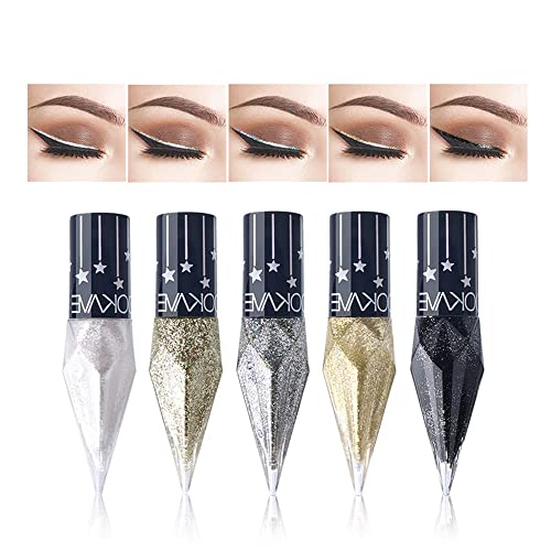 Go Ho Glitter Liquid Eyeliner Colorful Set,5 Colors Metallic Shimmer White Black Silver Gold Diamond Eyeliner,Glitter Eye Liner Sticks,Waterproof Long Lasting Sparkle Eye Makeup