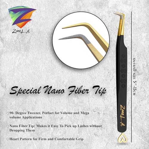 Zane L.A. Nano Fiber Tip Professional Eyelash Extension Tweezers, made with Japanese Stainless Steel, Unique Heart Design (Black)