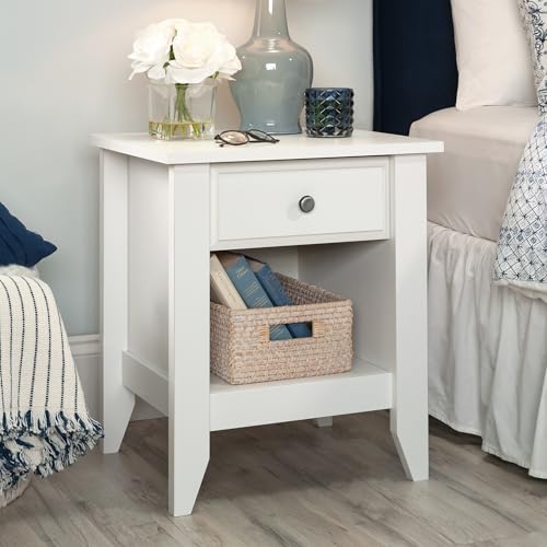 Sauder Shoal Creek Nightstand - Soft White Bedside Table with Drawer & Shelf