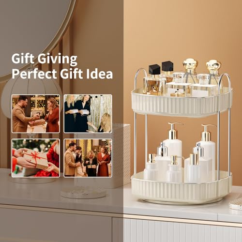 YCIA&DONE 360 Rotating Makeup Organizer for Vanity, 2 Tiers New Square Shaped Cosmetics Skincare Bathroom Organizers Countertop, Perfume Stand Counter Tray, Warm White