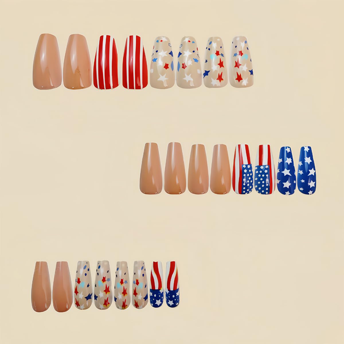 24 Pcs 4th of July Press on Nails Medium Coffin Fake Nails Glossy Nude Acrylic Nails with USA Flag Designs Independence Day Glue on Nails Patriotic Artificial False Nails for Women Nail Art Decoration