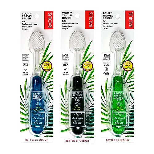 RADIUS Travel Brush Set with Replaceable Heads - 3 Pack Blue/Smoke/Green