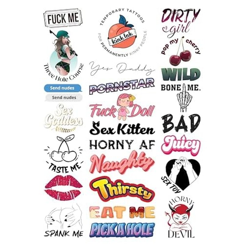25 Kinky Adult Temporary Tattoos for Women and Men, Sexy Naughty Fun Tattoos on A4 Sheet