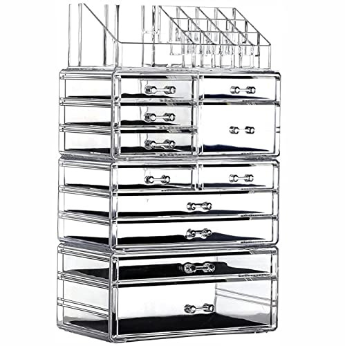Clear Makeup Organizer with 11 Drawers - 4 Stackable Sections & Top Holder, 11-Drawer Cosmetic Storage for Vanity & Skincare - Variation: 11 Drawers / Clear