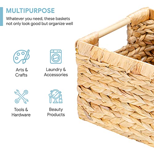 Water Hyacinth Storage Basket Set with Handles - 3 Medium Rectangular Baskets (12.2"L x 8.9"W x 6.9"H) - Natural Wicker Organizers