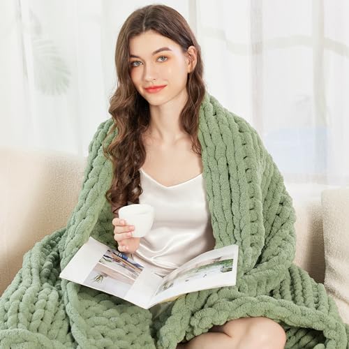 Sage Green Chunky Knit Blanket Throw 60x80 Inches - Cozy Couch Cover
