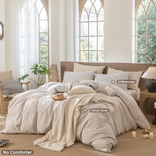 MooMee Classic Stripes Cal King Duvet Cover Set - Tannish Linen Grey White, 100% Washed Cotton