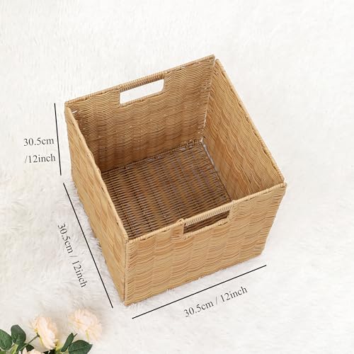 12x12 Inch Plastic Wicker Cube Baskets - Foldable Storage Bins, Khaki, 4 Pack