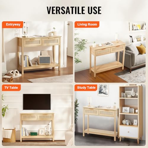 Natural Rattan Console Table with 2 Drawers | Entryway & Sofa Table - 2 Drawers