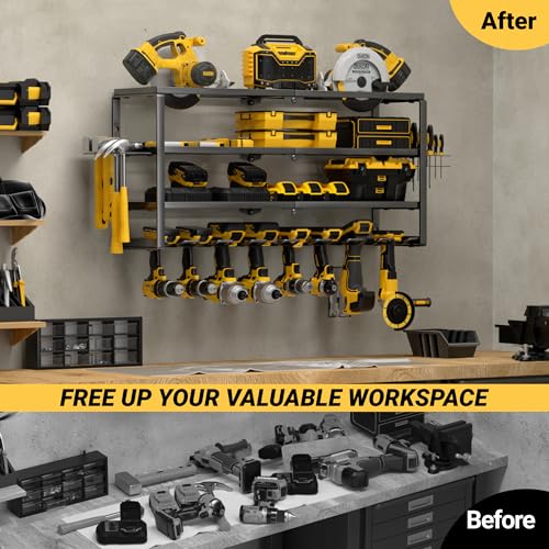 YYR 32 Inch 8 Slot Power Tool Organizer Wall Mount with Charging Station, Drill & Battery Storage Rack