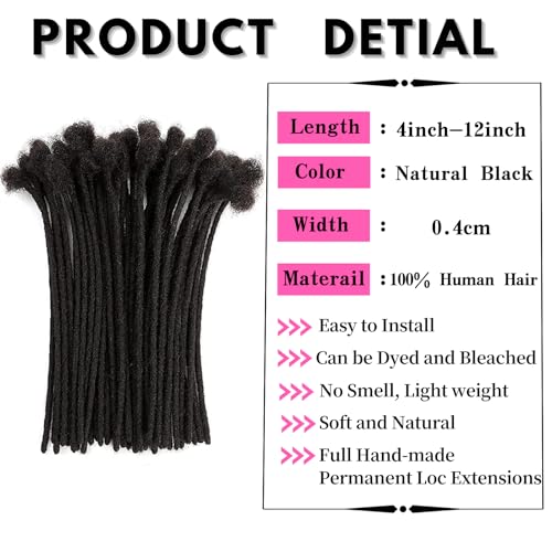 4 Inch Human Hair Dreadlock Extensions - 20 Strands, 0.4cm Thickness, Natural Black - Handmade, Dyed & Curled Ready for Styling